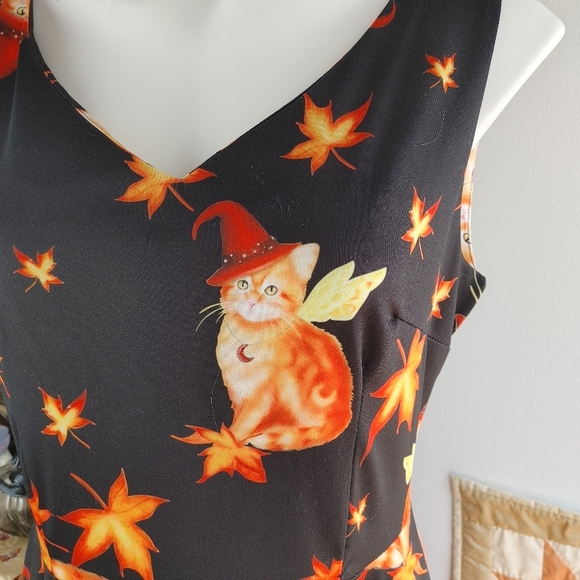 Retro 50s 60s Witchy Fall Halloween A-line Dress w/ Fairy Cats - Picture 2 of 4
